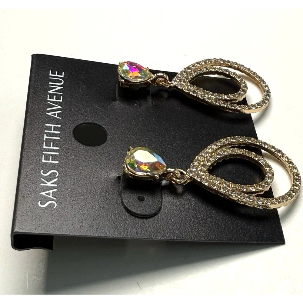 Saks Fifth Avenue Gold Tone AB Crystal Rhinestone Teardrop Dangle Earrings Glam